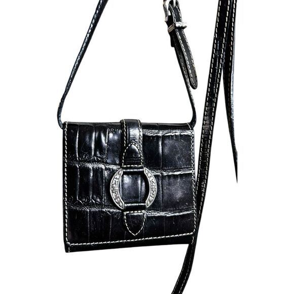 Vintage Brighton Croc Leather Wallet Crossbody Bag  Black Silver Snap Timeless - Picture 1 of 6